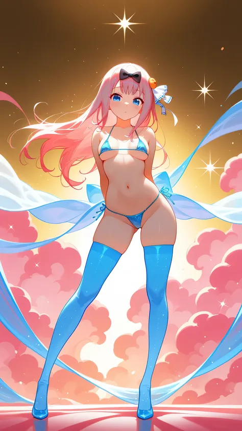 Create an abstract creative arts design, (inspired by the art of Moebius), little Chika Fujowara in a metallic light blue micro bikini, (Chika Fujiwara), Kaguya-sama: Love is war, blue eyes, Pink Hair, Hair Ribbon, Black Bow, perky round breasts, long flow...