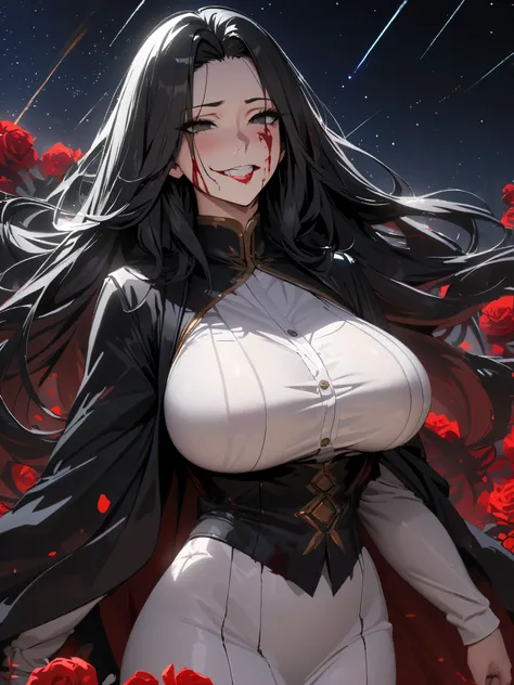 Solo, beautiful woman, tall, hot, 4k detailed eyes, detailed face, 4k, black-hair, long hair, black eyes, tall, hot, noble, big boobs, Mature MILF, motherly clothes, starry sky, powerful, shooting stars, red roses, bloody face, blood, twisted grin