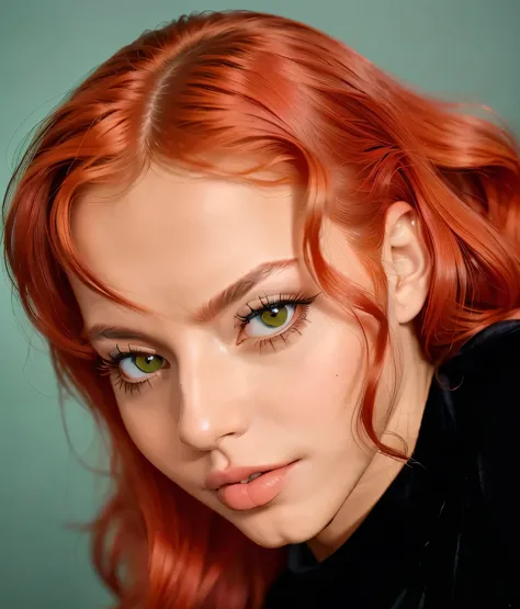 (masterpiece, best quality:1.2), 1girl woman in her 30 years, (realistic:1.5), hawkgirl as Isabela Merced shayera hol, Isabela Merced, red orange long hair, close-up, green eyes, makeup, green bedroom background, wearing black shirt crop top, (bitting own ...