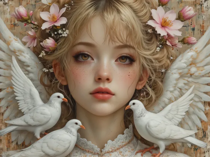 victorian-inspired hyperrealistic close-up portrait of a beautiful young woman with curly blond hair and bangs, freckles, doves and several pairs of soft white wings covering her shoulders and white feathers. Magnolias on her hair. 