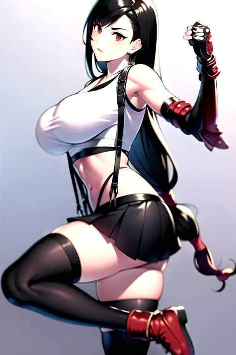 ((best quality)), ((masterpiece)), (detailed), perfect face, an ethereal tifa lockhart with white crop top and a black miniskirt held up by a pair of narrow black suspenders. She wears red boots and gloves, with black sleeves extending from wrist to elbow;...