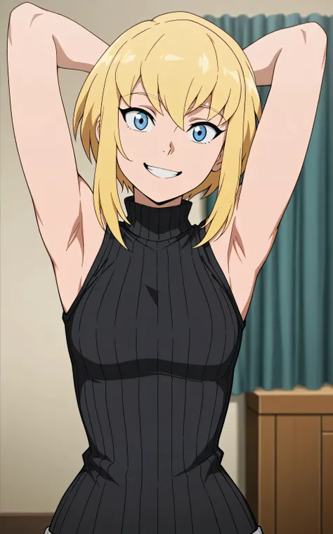 masterpiece, best quality, amazing quality, anime screencap, 1girl, solo, karazorel, blonde hair, blue eyes, short hair, black sweater, sleeveless sweater, ribbed sweater, turtleneck, sleeveless, bare shoulders, bare arms, arms behind head, armpits, head t...