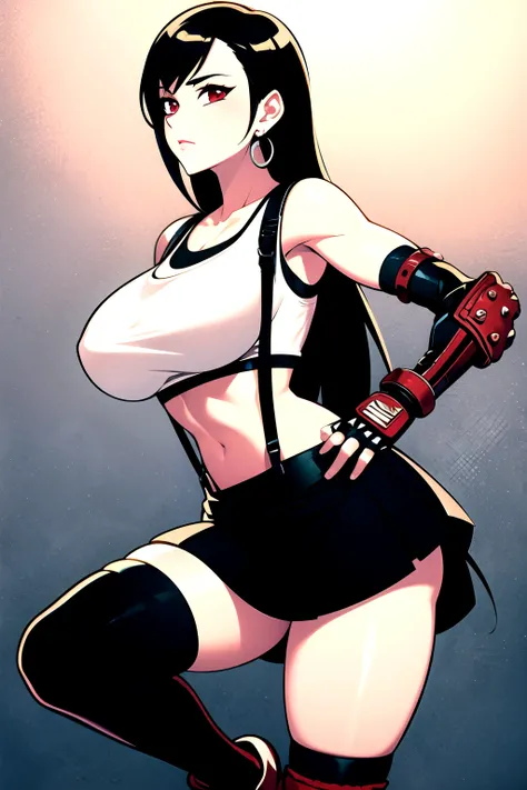 ((best quality)), ((masterpiece)), (detailed), perfect face, an ethereal tifa lockhart with white crop top and a black miniskirt held up by a pair of narrow black suspenders. She wears red boots and gloves, with black sleeves extending from wrist to elbow;...