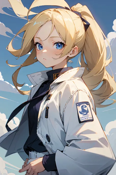 ((masterpiece, best quality, perfect generation,)) 1female, girl, young, adolescent, age 12, blonde hair, long hair, ponytail, blue eyes, calm expression, ninja outfit, marine jacket, white jacket, white pants, ((navy background, clouds, detailed backgroun...