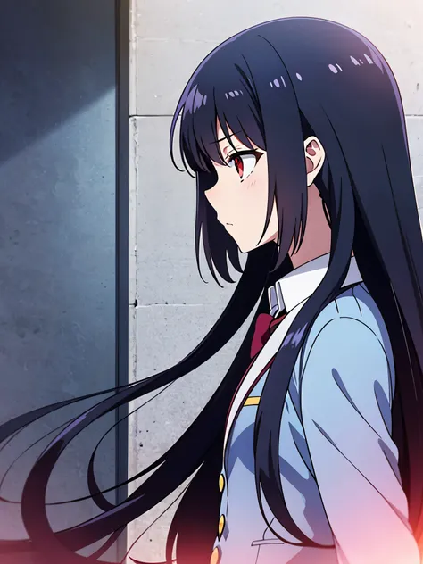 1girl, solo, long_hair, red_eyes, black_hair, dark blue school suit, profile shot, shocked face