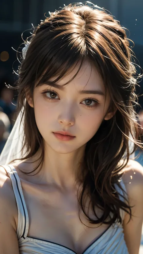 masterpiece, 8k, photorealistic, Optimal ratio, detailed faces, ((Spectator monitoring)), , realistic, Shapely bust, slender body, The upper body faces forward, Detailed, Beautiful Hair , fine skin, RAW Color Art, diffused soft lighting , sharp conce...