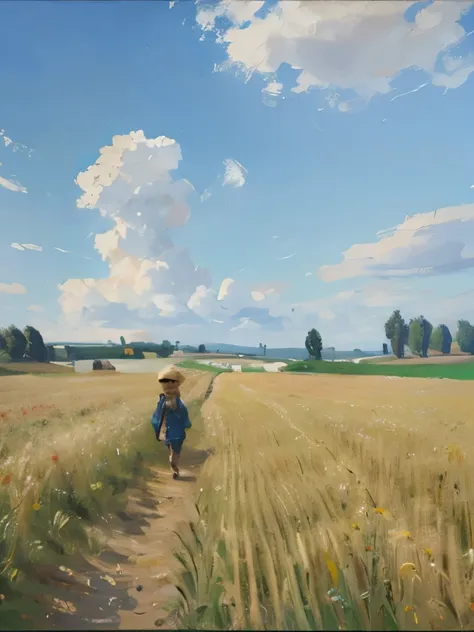 painting of a wheat field with a path in the middle, wheat fields, immense wheat fields, vast wheat fields, wheat field, on the vast wheat fields, oil digital painting, oil painting. hd, oil paint style, summer field, digital oil painting, rhads!!!, empty ...