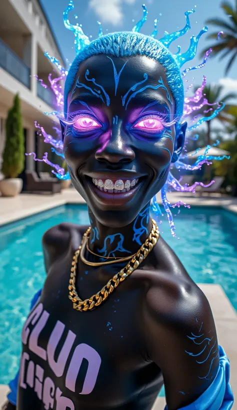 gr!llz, in the style of Jed-clrfl, overexposed photograph An ultra-realistic, first-person view (FPV) of human-like ebony breathtakingly beautiful character inspired by sci-fi aesthetics.  Perfect hand, Detailed hand, The character has luminous peacock ski...