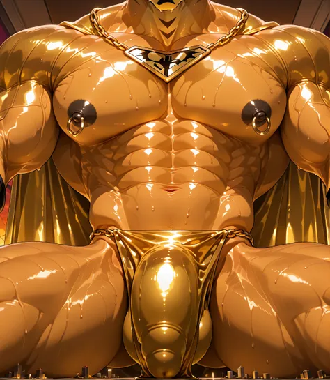 kemono, by null-ghost, by zixiong, Satan (Helluva Boss), solo, male, anthro, black nipples, big nipples, gold nipple rings, sweaty, handsome, broad shoulders, broad chest, muscular, posing, thick neck, thick arms, bedroom eyes, looking at viewer, serious, ...