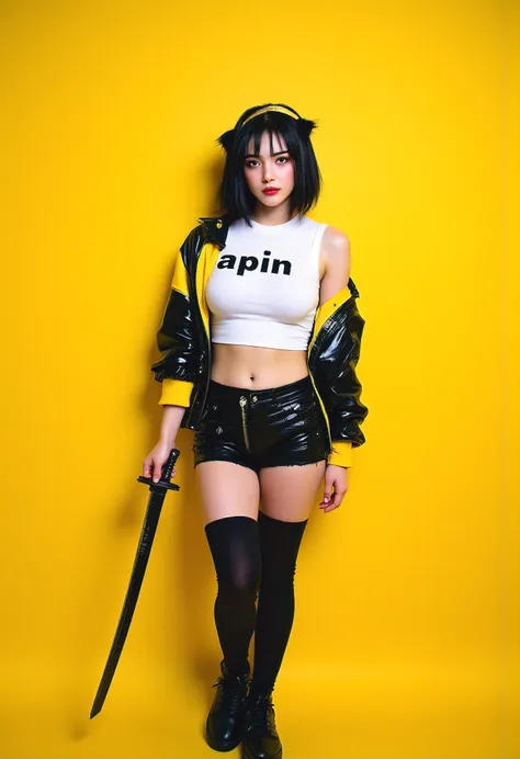 Realistic, Yor Forger, pale skin, black hair with sidelocks, short hair with a long lock, red eyes, hairband, gold earrings. A young woman in a half-portrait view, posed in front of a yellow background. She is wearing a white crop top with the word "Apin" ...