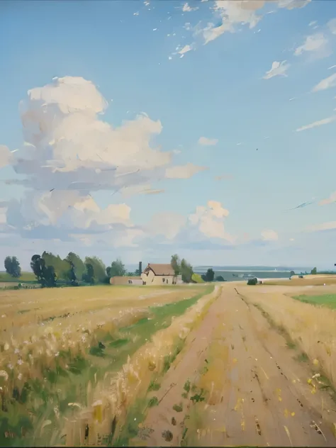 painting of a wheat field with a path in the middle, a digital painting inspired by RHADS, shutterstock contest winner, impressionism, wheat fields, immense wheat fields, vast wheat fields, wheat field, oil digital painting, on the vast wheat fields, oil p...