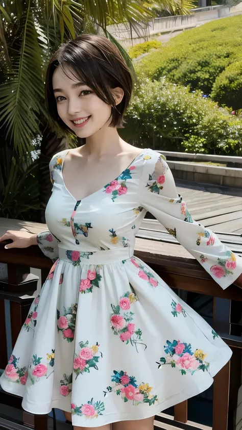 360 (20 year old female),(short hair), ( High Definition Photos ), (smile), (colorful floral dress)