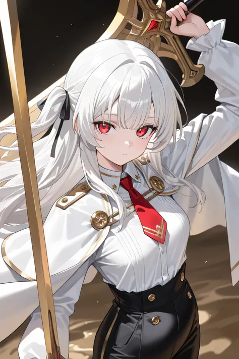 (Best quality, 4k, 8k, high resolution, masterpiece:1.2), ultra detailed, SOLO, intricate details, beautiful girl, alone, long white hair, bangs, one side of her hair adorned with a white ribbon with gold stripes, red-colored eyes, small-medium breasts, pe...