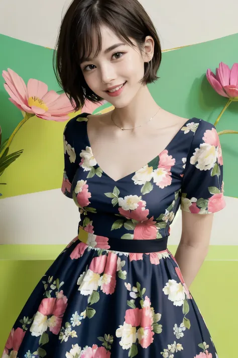 360 (20 year old female),(short hair), ( High Definition Photos ), (smile), (colorful floral dress)