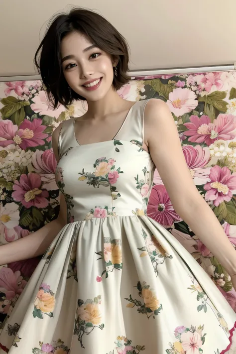 360 (20 year old female),(short hair), ( High Definition Photos ), (smile), (colorful floral dress)