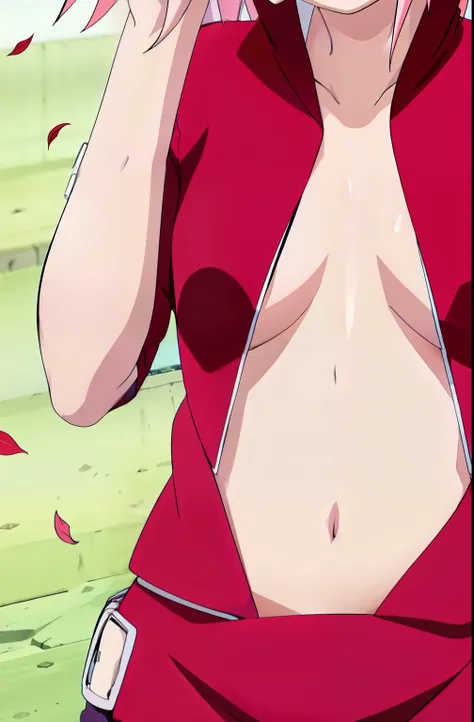   Sakura Open shirt showing small breasts and belly 