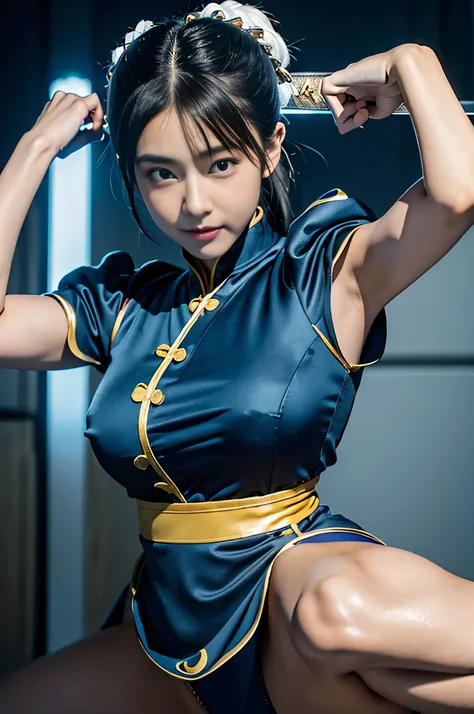  RAW photos 、 Street Fighter 2's Chun-li , perfect Chunli costume,bright blue china dress with golden lines,Bunbashira, van cover, (( Dynamic Battle Poses with a Long Sword :1.4)),masterpiece、 Tell me about one beautiful girl、 beautiful eyes、Swollen eyes、 ...