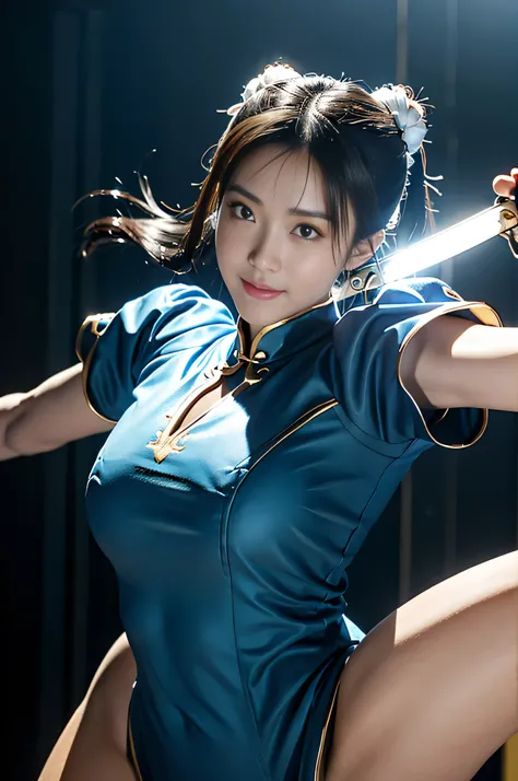  RAW photos 、 Street Fighter 2's Chun-li , perfect Chunli costume,bright blue china dress with golden lines,Bunbashira, van cover, ((( Dynamic Battle Poses with a Long Sword :1.4))),masterpiece、 Tell me about one beautiful girl、 beautiful eyes、Swollen eyes...