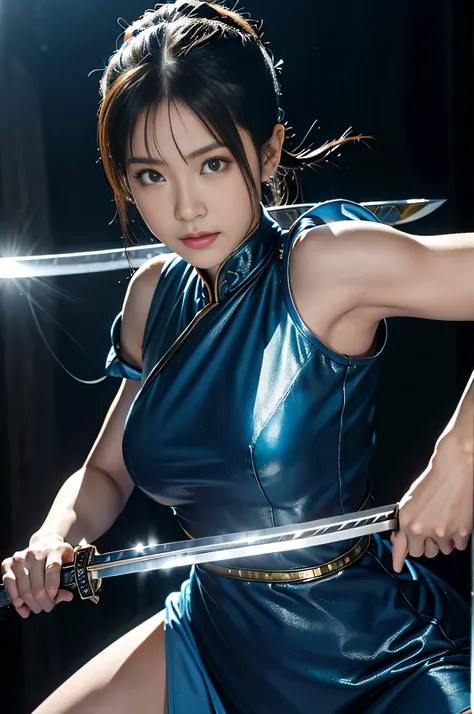  RAW photos 、 Street Fighter 2's Chun-li , perfect Chunli costume,bright blue china dress with golden lines,Bunbashira, van cover, ((( Dynamic Battle Poses with a Long Sword :1.4))),masterpiece、 Tell me about one beautiful girl、 beautiful eyes、Swollen eyes...