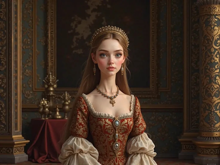 
young  woman 26 years old, pale skin, small breasts, wear 15. century rich medieval aristocrat clothes  