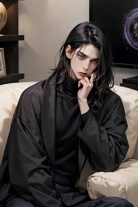 A man with a fair complexion, long black hair, and purple eyes. He was wearing a black turtleneck shirt and a long black coat, sitting on a couch in the living room, an annoyed expression on his face.