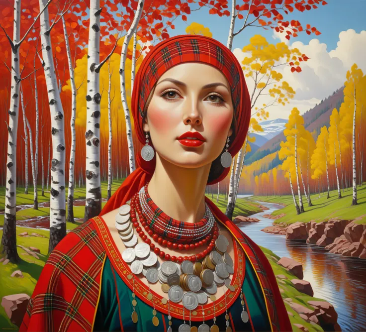 painting of a woman in a traditional Udmurt outfit, a red tartan dress, a necklace of old silver coins on her chest, a colorful red headscarf on her head, a birch grove, a river with a clay cliff and a spring, Georgy Kurasov, synthetic Cubism, postmodern p...