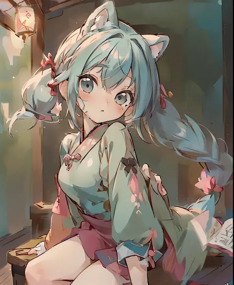 ( masterpiece、TOP QUALITY、TOP QUALITY、Official Art、Beautiful Beautiful:1.2)、(1 girl:1.3)  Hatsune Miku、twin tails,In a quiet night、 Picture of a beautiful girl in a traditional Chinese costume looking at ancient Chinese books under a lamp on a low table in...