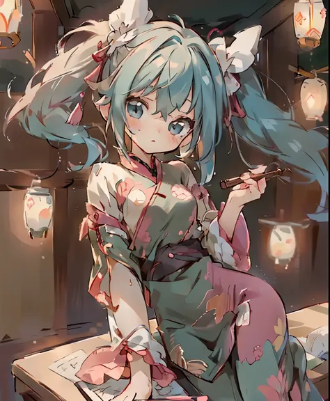 ( masterpiece、TOP QUALITY、TOP QUALITY、Official Art、Beautiful Beautiful:1.2)、(1 girl:1.3)  Hatsune Miku、twin tails,In a quiet night、 Picture of a beautiful girl in a traditional Chinese costume looking at ancient Chinese books under a lamp on a low table in...