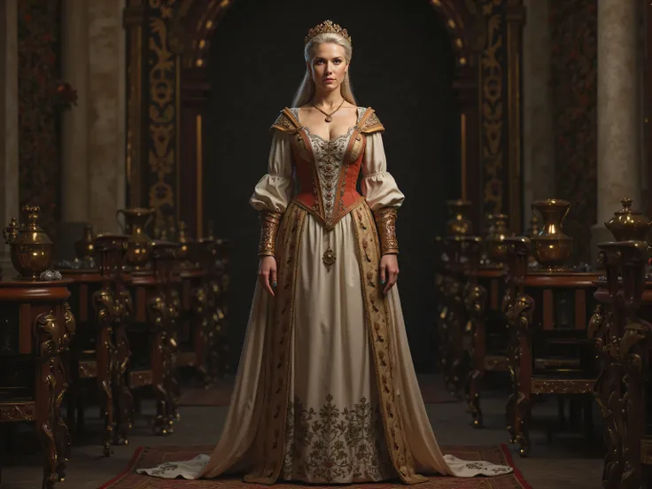 
mature  woman 46 years old, pale skin, small breasts, wear rich, medieval 14. century aristocrat clothes  