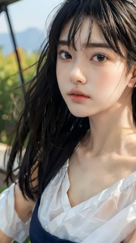 8k, TOP QUALITY,  masterpiece, realistic, Super Detail, photo realistic, quality improvement, 
スカーフを巻いて野原に立っている少女Photo of, Photo of, Large chunk, , Calm face,   jagged edges  , navy, Natural beauty, Closeup Shot
