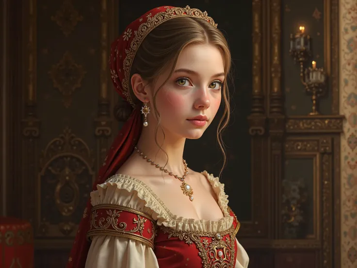 
young  girl , pale skin, small breasts, wear rich, medieval 14. century aristocrat clothes  