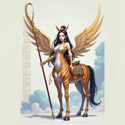  masterpiece,(best quality:1.3),Half-human horse girl, Lola:Half-human horse girlV1.0:0.6,(Icefield:1.3),(Head to body 1：9：1.3)Nine-head body，Long weapon， ancient mythical character Jiro God costume ，Tiger Stripes，Huge wings on the back，（cos Jiro God ）（Ref...