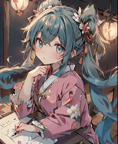 ( masterpiece、TOP QUALITY、TOP QUALITY、Official Art、Beautiful Beautiful:1.2)、(1 girl:1.3)  Hatsune Miku、twin tails,In a quiet night、 Picture of a beautiful girl in a traditional Chinese costume looking at ancient Chinese books under a lamp on a low table in...