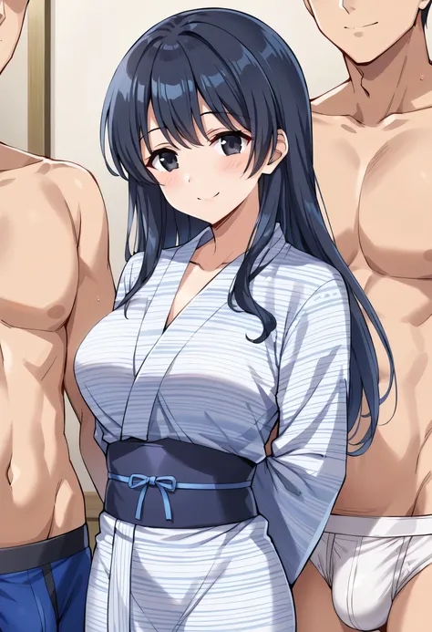 (super fine illustration, best quality, 16k, (high resolution), ) ,((threesome)), ((netorare)). (((upper body))) Face focus, (black eyes), detailed beautiful eyes, One woman, light Blue (((yukata))),arms behind back, smile, , black hair, long hair,, ((Japa...