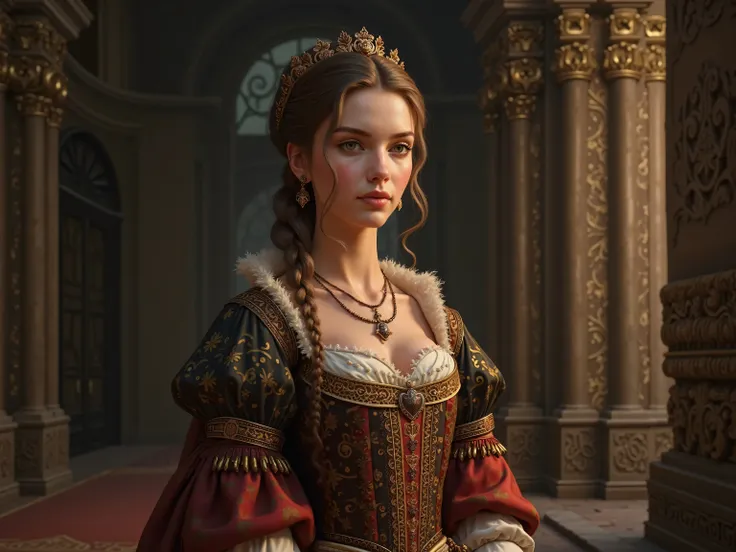 
young  girl , pale skin, small sharp  cone breasts, wear rich, medieval 15. century aristocrat clothes  