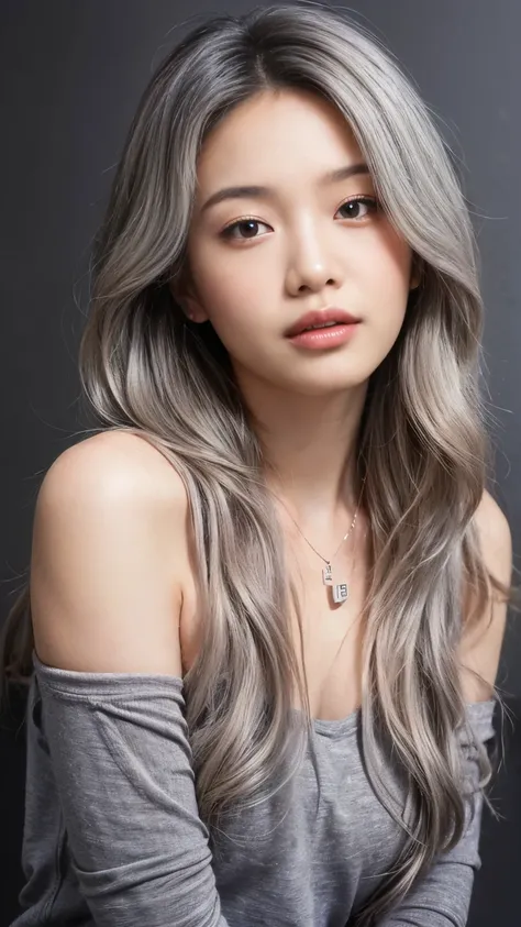 ((Masterpiece, best quality, super detailed, 4k, RAW Photo, photo-realistic)), 1 asian girl, thin face, slim body, ((grey ombre hair color)), wavy hair with layers, big nose, perfect eyes, perfect face, black t-shirt, off shoulder, wearing necklace with sm...