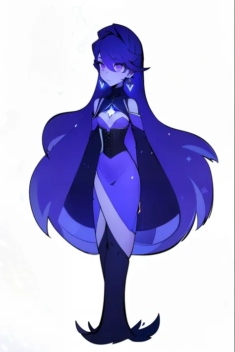 The character has a striking presence, with lilac-blue skin (#837ceb) and long, wavy deep blue-violet hair cascading down to her knees. Her eyes glow with an intense violet hue, adding to her mysterious aura. Her gemstone, a translucent reuleaux triangle o...