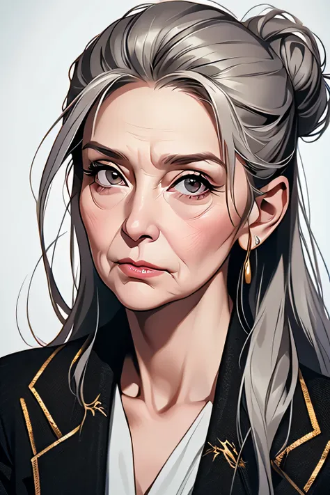 Modern, highest quality、High resolution、high quality images、8K, 1 female, old woman in her 60's, wrinkled face, golden eyes, silver long hair tied up as bun, professional suit, no jewelry, beautiful black eyes, plump lips, detailed gorgeous face, (shocked,...