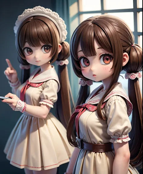 ( masterpiece、TOP QUALITY、TOP QUALITY、Official Art、 beautiful and beautiful :1.2)、(one girl:1.3)、twin tails,beautiful breasts,１People Women、( brown hair shortcut )、Smooth and beautiful brown hair、 reflective,  light brown eyes 、I&#39;ve gained a little wei...