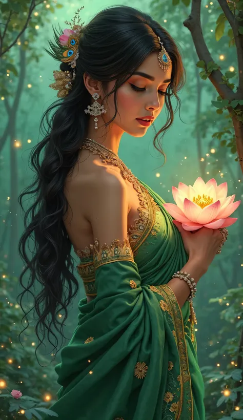 "A stunning ultra HD 8K anime-style digital painting of a mystical Indian princess, dressed in an elegant, shimmering emerald green saree adorned with intricate golden embroidery. She has long, flowing dark hair decorated with delicate silver jewelry and p...