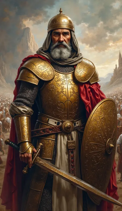 A highly detailed oil painting of Saladin at 45 years old, facing front with a strong and commanding pose. Three-quarters of his body is shown, standing tall with one hand resting on the hilt of a sheathed sword and the other gripping a shield by his side....