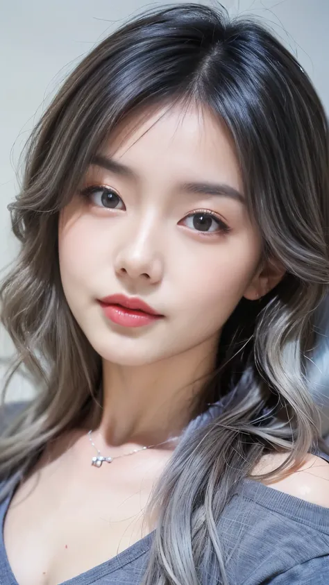 ((Masterpiece, best quality, super detailed, 4k, RAW Photo, photo-realistic)), 1 asian girl, thin face, slim body, ((grey ombre hair color)), wavy hair with layers, big nose, perfect eyes, perfect face, black t-shirt, off shoulder, wearing necklace with sm...