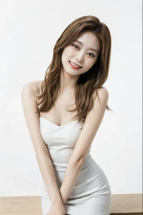 Tzuyu, (realistic), (hyperrealism), best quality, masterpiece, (photorealistic:1.4), Ultra High Res, UHD, (plain white background:1.6), 1girl, adorable, solo, (smile), (face details: 1), (eye details:1), (slim body), Cute posed, proportional body, (full bo...