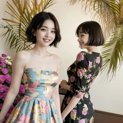 360 (20 year old female),(short hair), ( High Definition Photos ), (smile), (colorful floral dress)