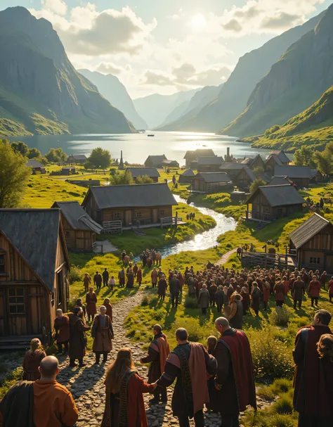 **Prompt:** Envision a captivating landscape of a lively Viking village nestled beside a serene fjord, where jubilant villagers come together in a vibrant community gathering. Capture this moment with hyper-realism and a symmetrical composition, showcasing...