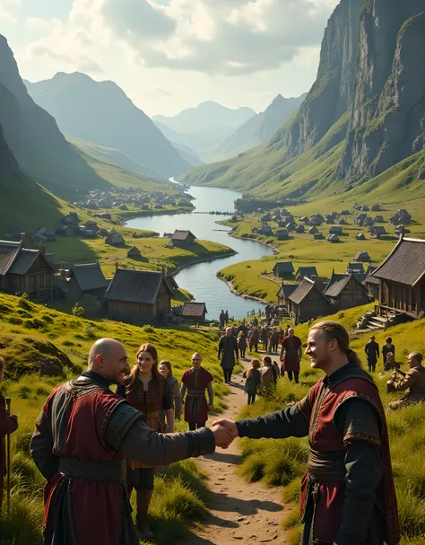 **Prompt:** Envision a captivating landscape of a lively Viking village nestled beside a serene fjord, where jubilant villagers come together in a vibrant community gathering. Capture this moment with hyper-realism and a symmetrical composition, showcasing...