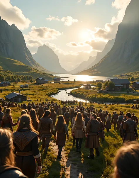 **Prompt:** Envision a captivating landscape of a lively Viking village nestled beside a serene fjord, where jubilant villagers come together in a vibrant community gathering. Capture this moment with hyper-realism and a symmetrical composition, showcasing...