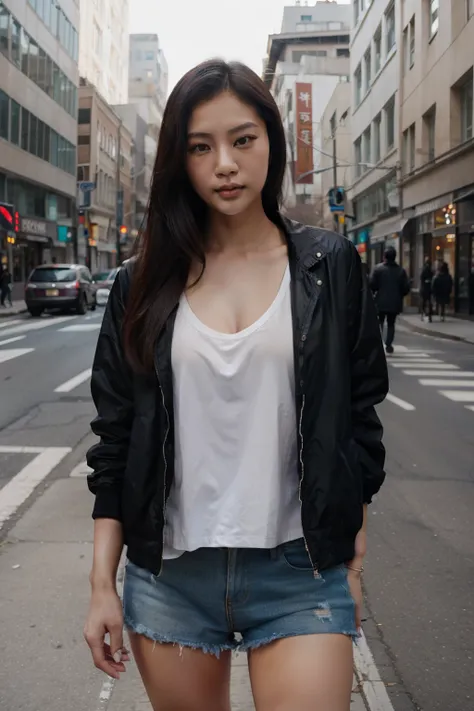 Real pictures of beautiful asian woman with leater jacket in the middle of the city