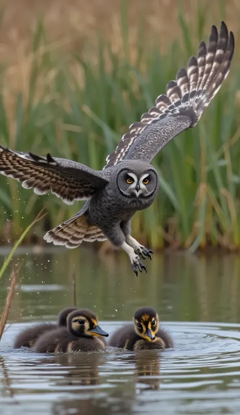 A large, dark gray owl with white markings on its face and wings is depicted in mid-air, in the process of leaving a group of ducklings. The owl is positioned in the upper portion of the image, and the ducklings are in a body of water, below and slightly t...