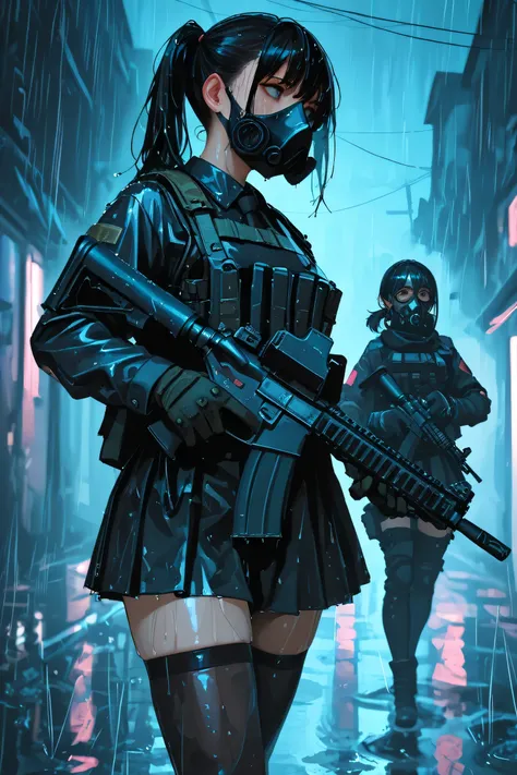 masterpiece, best quality, amazing quality, very aesthetic, multiple_girls, weapon, gun, rifle, assault_rifle, black_hair, 3girls, ar-15, thighhighs, rain, holding_gun, short_hair, holding_weapon, twintails, gloves, long_hair, holding, ponytail, gas_mask, ...
